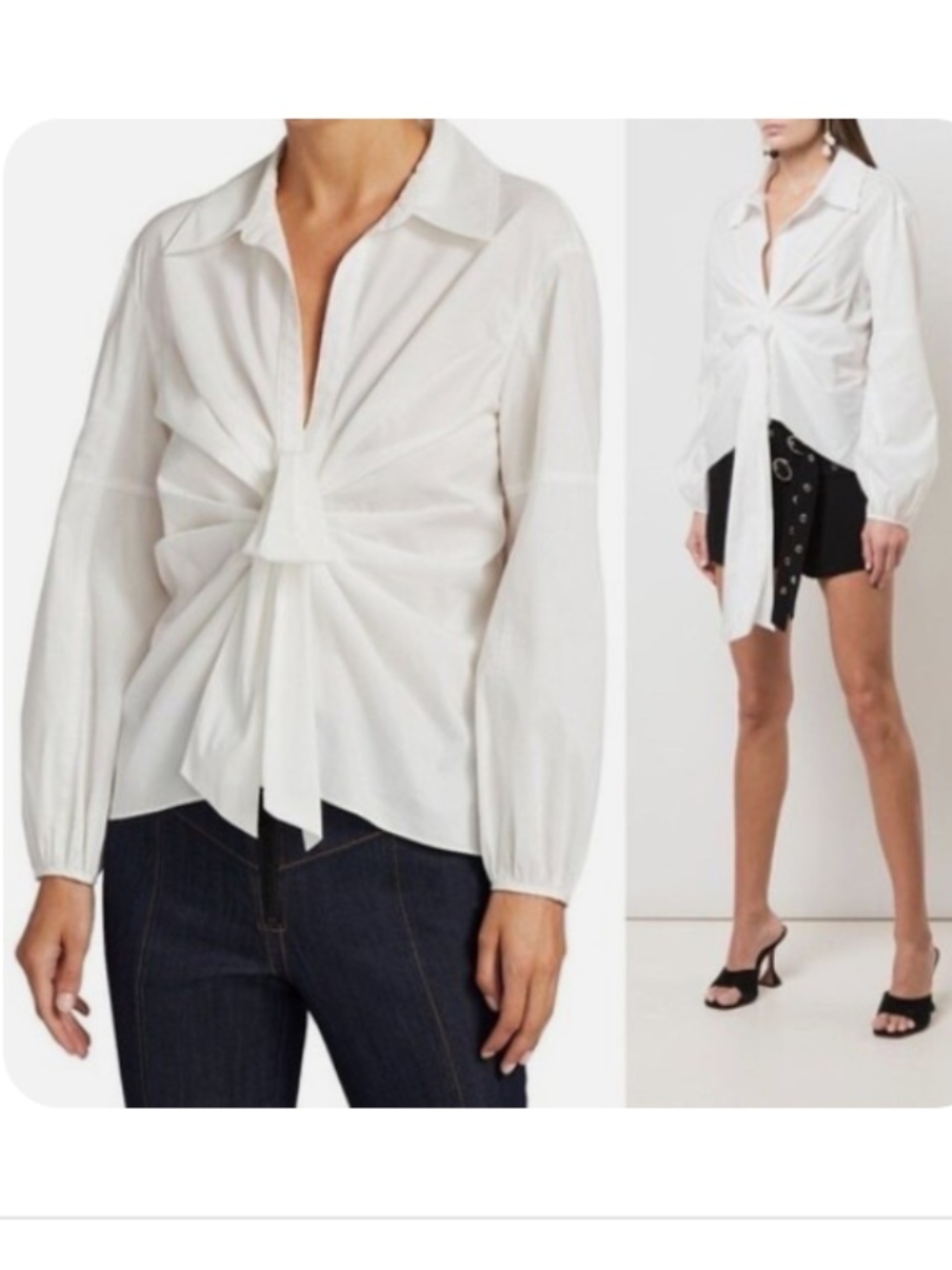 NWT Cinq à Sept Austyn Flutter-Sleeve Tie Front Long Sleeve White top